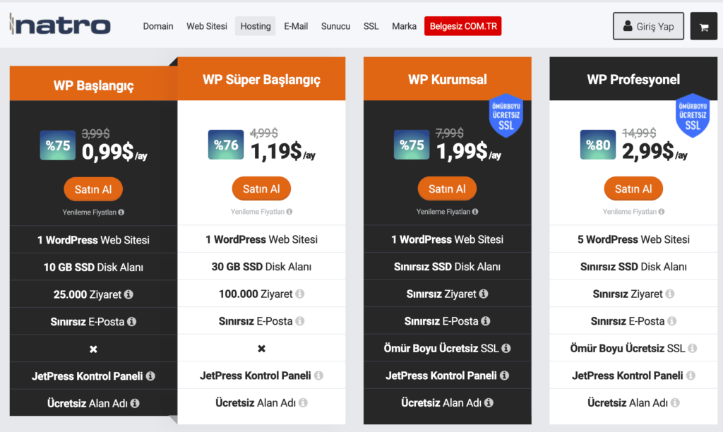 Natro WordPress Hosting Fiyatları 2024